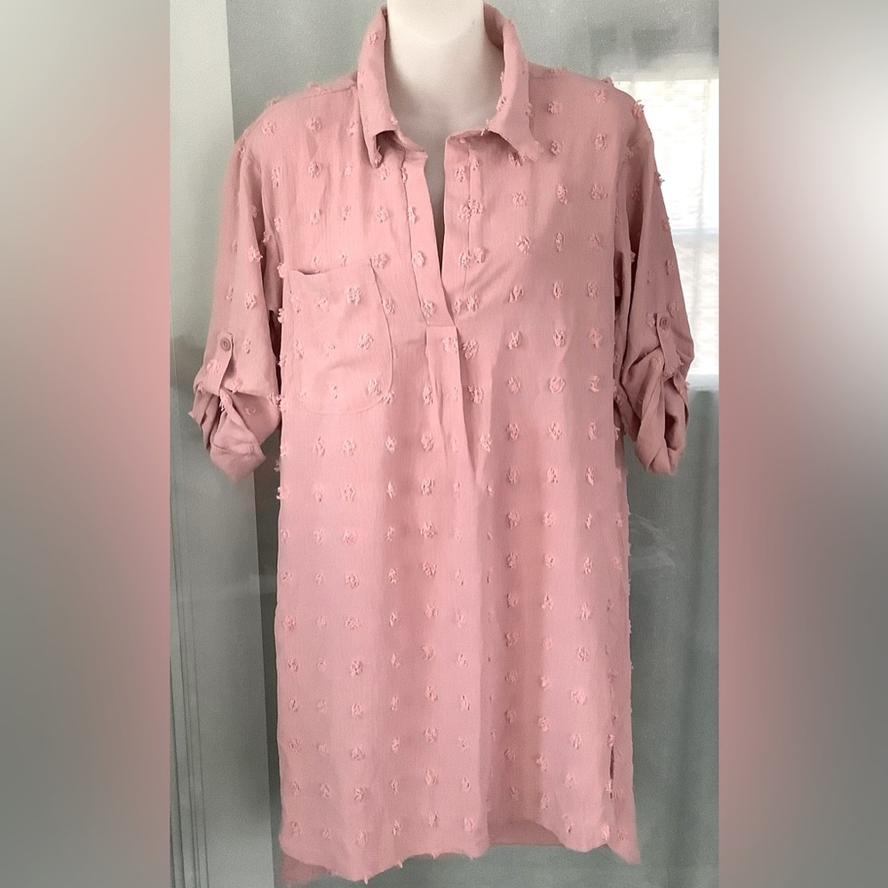 Pink Swiss Dot Swimsuit Coverup Dress Shirt NWOT